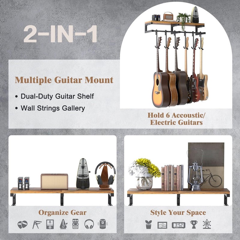 Keebofly Guitar Wall Mount Hangers Holds 6 Guitars with Rustic Shelf - 6-Detachable Guitar Hooks Universal Fit for Acoustic, Electric, Bass Guitars & Ukulele (Brown) - Image 2